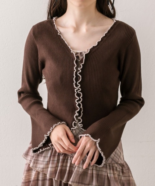 OLIVE des OLIVE（オリーブデオリーブ）の「配色メロウピタカーデ（カーディガン/ボレロ・レディース・ブラウン/ブラック/サックスブルー/オフホワイト・FREE）」の4枚目の写真