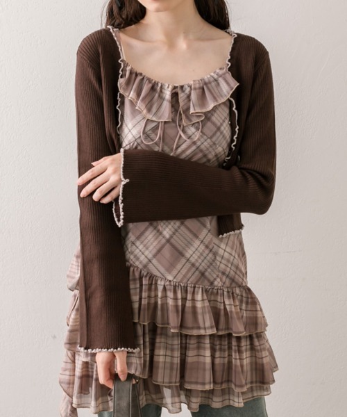 OLIVE des OLIVE（オリーブデオリーブ）の「配色メロウピタカーデ（カーディガン/ボレロ・レディース・ブラウン/ブラック/サックスブルー/オフホワイト・FREE）」の7枚目の写真