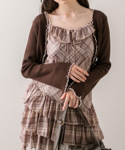 OLIVE des OLIVE（オリーブデオリーブ）の「配色メロウピタカーデ（カーディガン/ボレロ・レディース・ブラウン/ブラック/サックスブルー/オフホワイト・FREE）」の6枚目の写真