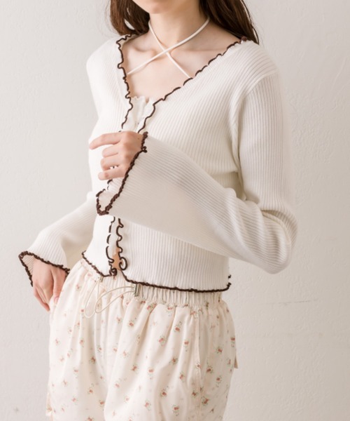 OLIVE des OLIVE（オリーブデオリーブ）の「配色メロウピタカーデ（カーディガン/ボレロ・レディース・ブラウン/ブラック/サックスブルー/オフホワイト・FREE）」の13枚目の写真