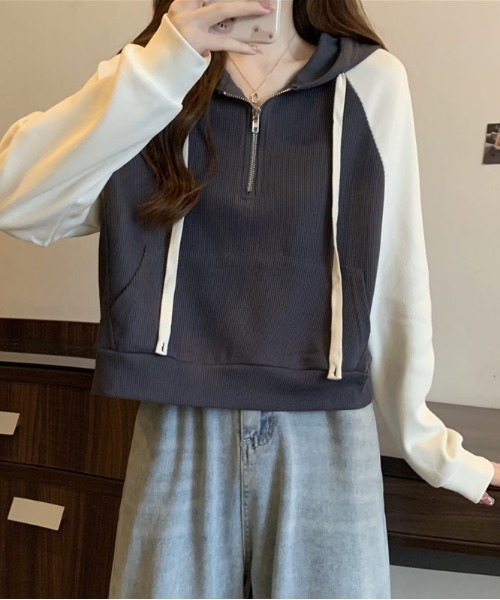 SHEPP(シープ)の「ハーフジップラグランフードパーカー(パーカー・レディース・アイボリー/ブラック/グレー・XXL/XL/M/L)」の3枚目の写真