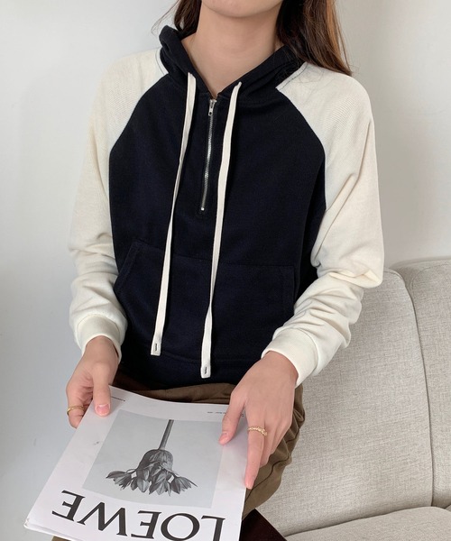 SHEPP(シープ)の「ハーフジップラグランフードパーカー(パーカー・レディース・アイボリー/ブラック/グレー・XXL/XL/M/L)」の4枚目の写真