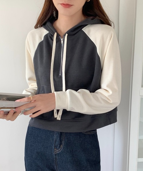 SHEPP(シープ)の「ハーフジップラグランフードパーカー(パーカー・レディース・アイボリー/ブラック/グレー・XXL/XL/M/L)」の5枚目の写真