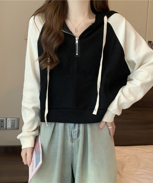SHEPP(シープ)の「ハーフジップラグランフードパーカー(パーカー・レディース・アイボリー/ブラック/グレー・XXL/XL/M/L)」の7枚目の写真