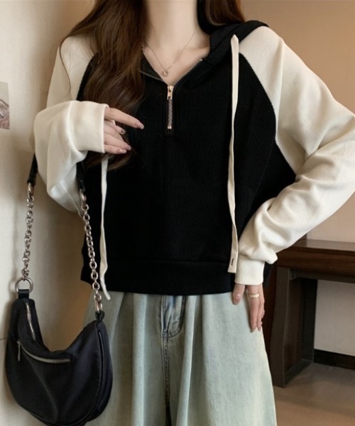 SHEPP(シープ)の「ハーフジップラグランフードパーカー(パーカー・レディース・アイボリー/ブラック/グレー・XXL/XL/M/L)」の8枚目の写真