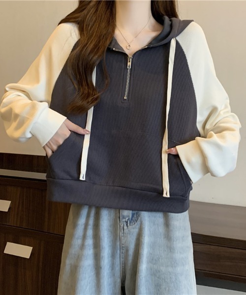 SHEPP(シープ)の「ハーフジップラグランフードパーカー(パーカー・レディース・アイボリー/ブラック/グレー・XXL/XL/M/L)」の10枚目の写真