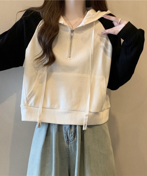 SHEPP(シープ)の「ハーフジップラグランフードパーカー(パーカー・レディース・アイボリー/ブラック/グレー・XXL/XL/M/L)」の9枚目の写真