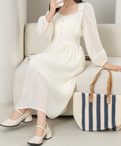 Lace Ladies(レースレディース)の「パフスリーブ スクエアVネック パール ボタン ワンピース(ワンピース・レディース・アイボリー・S/M/L/XL)」の9枚目の写真