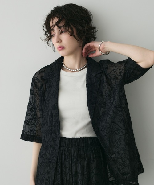 【限定セール！】 セール】コード刺繍オーガンジー5分袖ジャケット（テーラード ジャケット・アウター