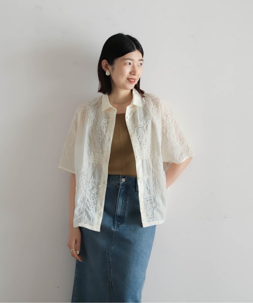 ノンブルアンペール ブラウス　シャツ テンセル刺繍 衿付きショートシャツ（シャツ/ブラウス）｜NOMBRE