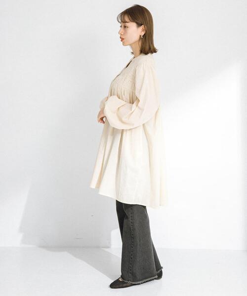 セール】コットンギャザーチュニックブラウスミニワンピース