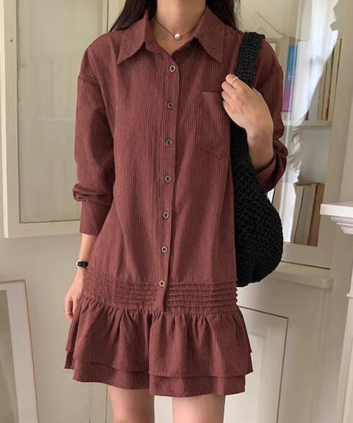 DAY CLOSET（デイ クローゼット）の「レディース 長袖ストライプティアードフリルミニワンピース（シャツワンピース・レディース・チャコールグレー/ブラウン/オフホワイト・FREE）」の3枚目の写真