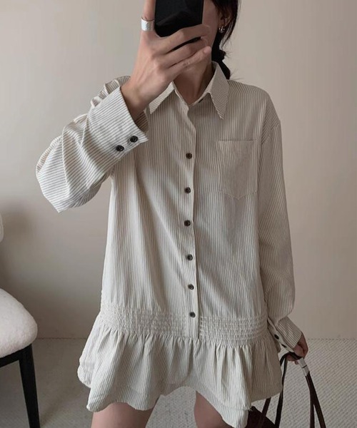 DAY CLOSET（デイ クローゼット）の「レディース 長袖ストライプティアードフリルミニワンピース（シャツワンピース・レディース・チャコールグレー/ブラウン/オフホワイト・FREE）」の14枚目の写真