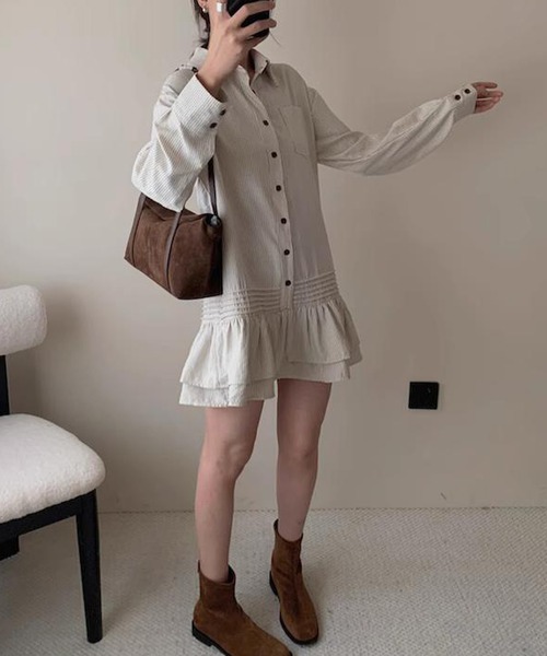 DAY CLOSET（デイ クローゼット）の「レディース 長袖ストライプティアードフリルミニワンピース（シャツワンピース・レディース・チャコールグレー/ブラウン/オフホワイト・FREE）」の15枚目の写真