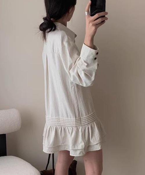 DAY CLOSET（デイ クローゼット）の「レディース 長袖ストライプティアードフリルミニワンピース（シャツワンピース・レディース・チャコールグレー/ブラウン/オフホワイト・FREE）」の16枚目の写真