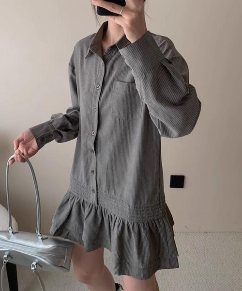 DAY CLOSET（デイ クローゼット）の「レディース 長袖ストライプティアードフリルミニワンピース（シャツワンピース・レディース・チャコールグレー/ブラウン/オフホワイト・FREE）」の18枚目の写真