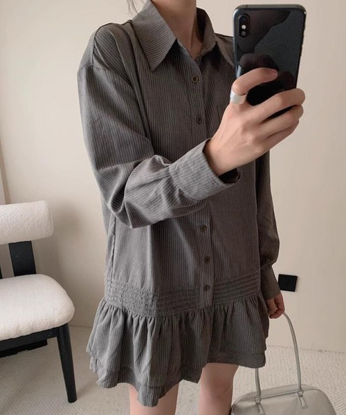 DAY CLOSET（デイ クローゼット）の「レディース 長袖ストライプティアードフリルミニワンピース（シャツワンピース・レディース・チャコールグレー/ブラウン/オフホワイト・FREE）」の19枚目の写真