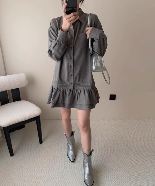 DAY CLOSET（デイ クローゼット）の「レディース 長袖ストライプティアードフリルミニワンピース（シャツワンピース・レディース・チャコールグレー/ブラウン/オフホワイト・FREE）」の20枚目の写真