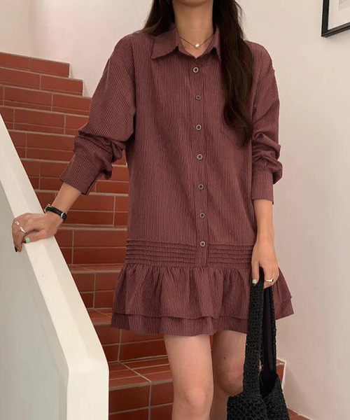 DAY CLOSET（デイ クローゼット）の「レディース 長袖ストライプティアードフリルミニワンピース（シャツワンピース・レディース・チャコールグレー/ブラウン/オフホワイト・FREE）」の22枚目の写真