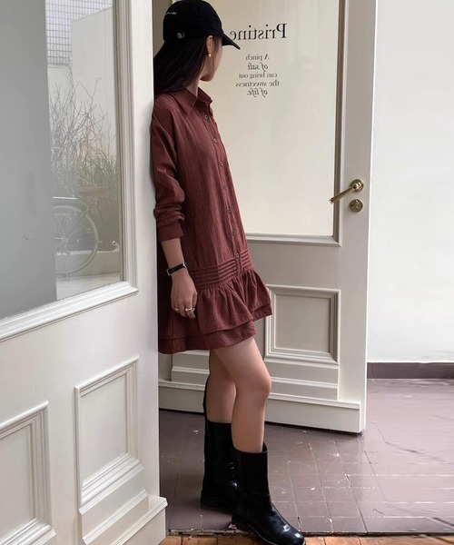 DAY CLOSET（デイ クローゼット）の「レディース 長袖ストライプティアードフリルミニワンピース（シャツワンピース・レディース・チャコールグレー/ブラウン/オフホワイト・FREE）」の5枚目の写真