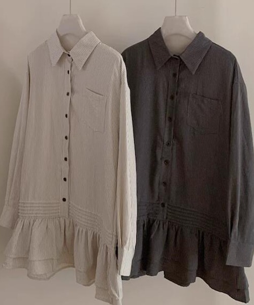 DAY CLOSET（デイ クローゼット）の「レディース 長袖ストライプティアードフリルミニワンピース（シャツワンピース・レディース・チャコールグレー/ブラウン/オフホワイト・FREE）」の6枚目の写真