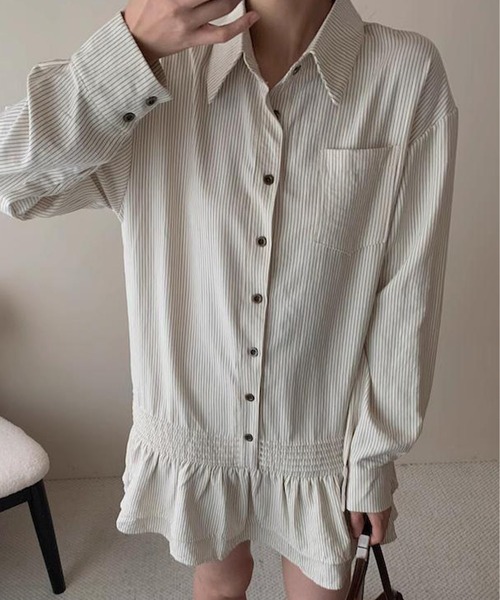 DAY CLOSET（デイ クローゼット）の「レディース 長袖ストライプティアードフリルミニワンピース（シャツワンピース・レディース・チャコールグレー/ブラウン/オフホワイト・FREE）」の9枚目の写真