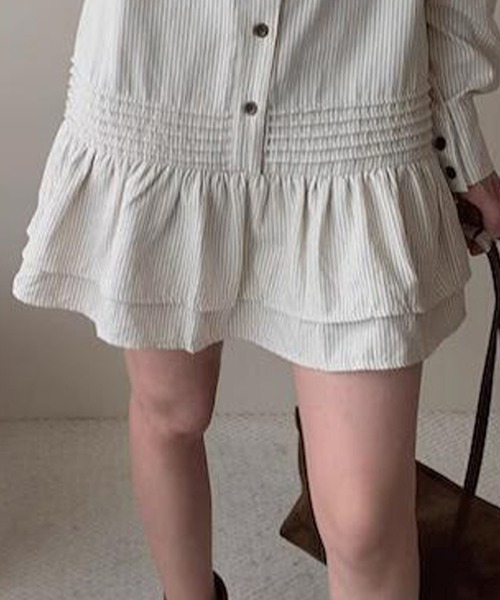 DAY CLOSET（デイ クローゼット）の「レディース 長袖ストライプティアードフリルミニワンピース（シャツワンピース・レディース・チャコールグレー/ブラウン/オフホワイト・FREE）」の12枚目の写真