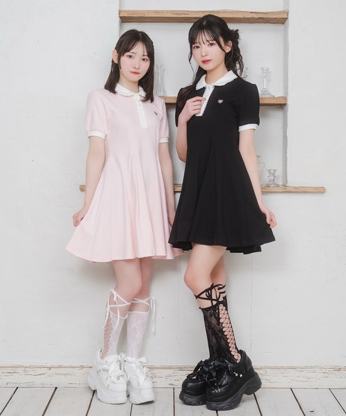 Honey Cinnamon（ハニーシナモン）の「ロゴチャームAラインポロワンピース（ワンピース・レディース・ブラック/ピンク・FREE）」の4枚目の写真