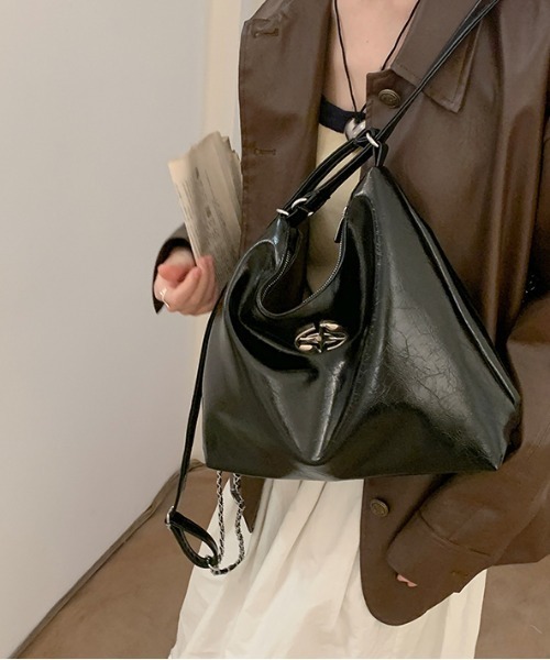 セール】Y2K チェーン フェイクレザー大容量ショルダーバッグ/2WAY