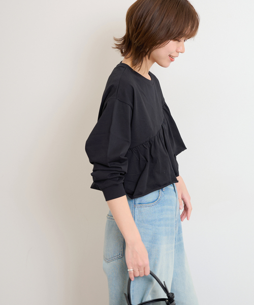プルオーバー ロングスリーブ Tシャツ フリル クルーネック全2色 楽天市場】2WAYクルーネックフリル長袖トップス 女性 レディース