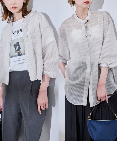 ROPE' PICNIC(ロペピクニック)の「着丈が選べるバンドカラーストライプシアーシャツ(シャツ/ブラウス・レディース・ライトグレー/ベージュ系その他・38/T38)」の2枚目の写真