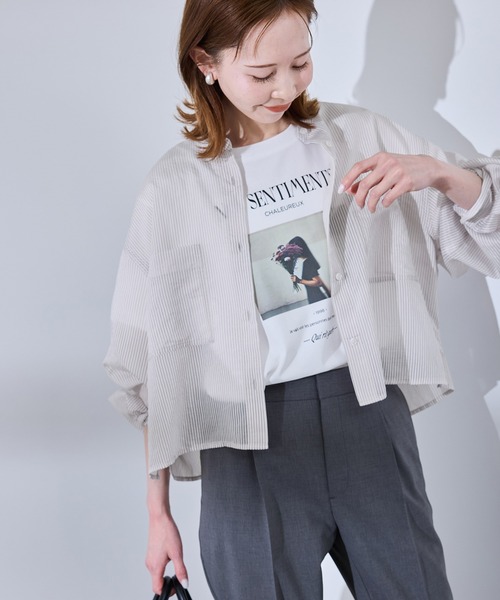 ROPE' PICNIC(ロペピクニック)の「着丈が選べるバンドカラーストライプシアーシャツ(シャツ/ブラウス・レディース・ライトグレー/ベージュ系その他・38/T38)」の6枚目の写真