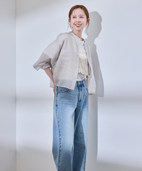 ROPE' PICNIC(ロペピクニック)の「着丈が選べるバンドカラーストライプシアーシャツ(シャツ/ブラウス・レディース・ライトグレー/ベージュ系その他・38/T38)」の10枚目の写真