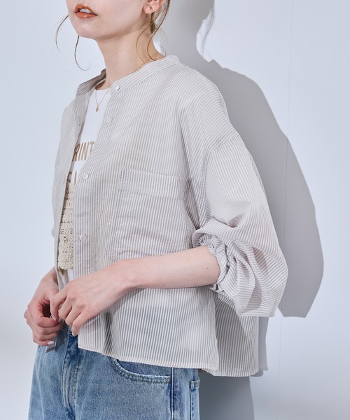 ROPE' PICNIC(ロペピクニック)の「着丈が選べるバンドカラーストライプシアーシャツ(シャツ/ブラウス・レディース・ライトグレー/ベージュ系その他・38/T38)」の11枚目の写真