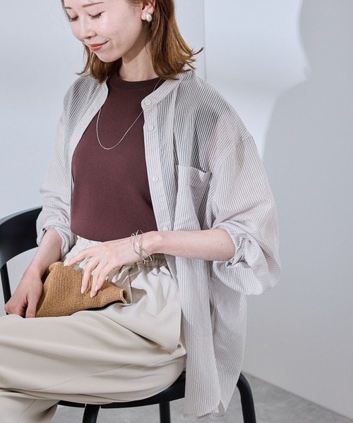 ROPE' PICNIC(ロペピクニック)の「着丈が選べるバンドカラーストライプシアーシャツ(シャツ/ブラウス・レディース・ライトグレー/ベージュ系その他・38/T38)」の17枚目の写真
