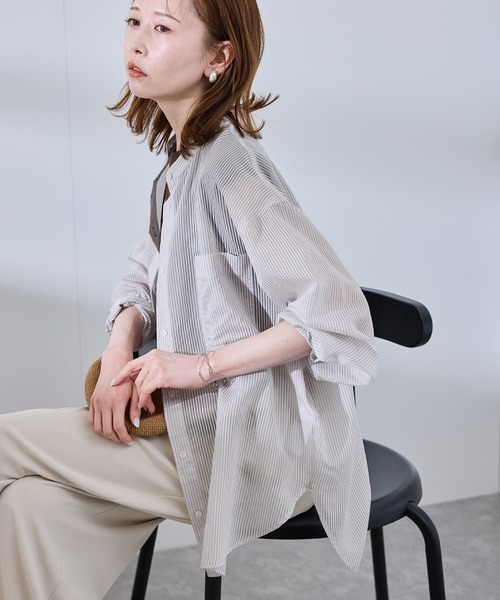 ROPE' PICNIC(ロペピクニック)の「着丈が選べるバンドカラーストライプシアーシャツ(シャツ/ブラウス・レディース・ライトグレー/ベージュ系その他・38/T38)」の18枚目の写真
