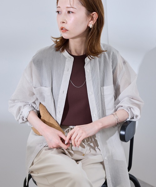 ROPE' PICNIC(ロペピクニック)の「着丈が選べるバンドカラーストライプシアーシャツ(シャツ/ブラウス・レディース・ライトグレー/ベージュ系その他・38/T38)」の19枚目の写真