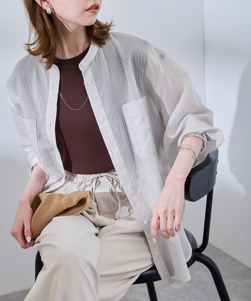 ROPE' PICNIC(ロペピクニック)の「着丈が選べるバンドカラーストライプシアーシャツ(シャツ/ブラウス・レディース・ライトグレー/ベージュ系その他・38/T38)」の20枚目の写真