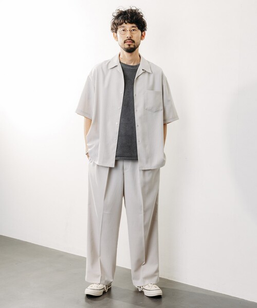 FREAK'S STORE(フリークスストア)の「FREAK’S STORE/フリークスストア Reflax 機能性素材 ワイドシルエット イージー ストライプ スラックスパンツ/吸水速乾/イージーケア/UVカット/接触冷感/エコ素材/ストレッチ(スラックス・メンズ・オフホワイト/オリーブ・SMALL/MEDIUM/LARGE)」の16枚目の写真