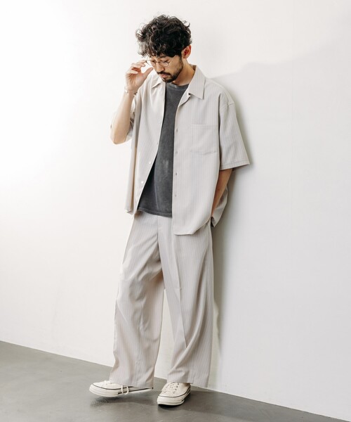FREAK'S STORE(フリークスストア)の「FREAK’S STORE/フリークスストア Reflax 機能性素材 ワイドシルエット イージー ストライプ スラックスパンツ/吸水速乾/イージーケア/UVカット/接触冷感/エコ素材/ストレッチ(スラックス・メンズ・オフホワイト/オリーブ・SMALL/MEDIUM/LARGE)」の21枚目の写真