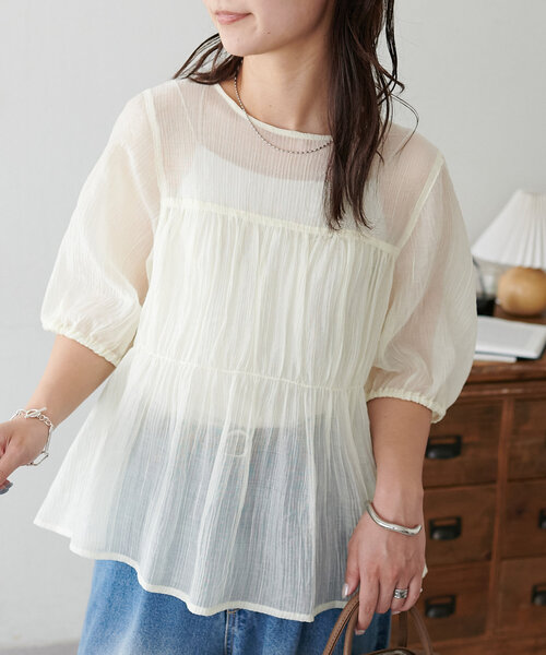 DISCOAT（ディスコート）の「【WEB限定】シアーギャザー5分袖ブラウス（シャツ/ブラウス・レディース・アイボリー/ブラック/オレンジ・MEDIUM）」の3枚目の写真