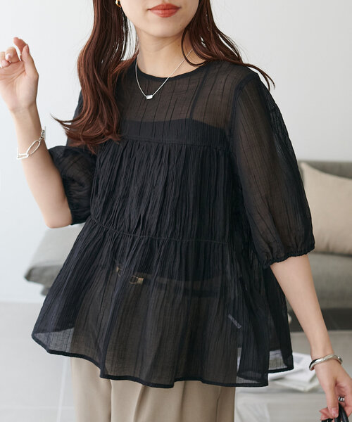 WEB限定】シアーギャザー5分袖ブラウス（シャツ/ブラウス）｜DISCOAT