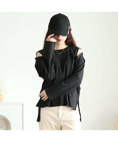 GOLDJAPAN（ゴールドジャパン）の「オープンショルダーコットンカットソー【大きいサイズ対応】（Tシャツ/カットソー・レディース・オフホワイト/ブラック・LL～3L/4L～5L）」の9枚目の写真