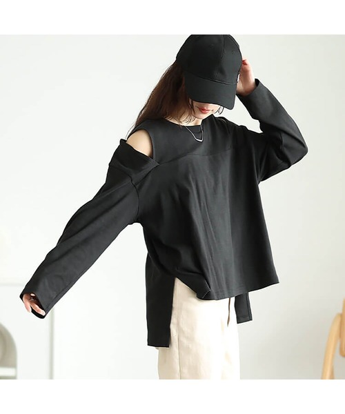GOLDJAPAN（ゴールドジャパン）の「オープンショルダーコットンカットソー【大きいサイズ対応】（Tシャツ/カットソー・レディース・オフホワイト/ブラック・LL～3L/4L～5L）」の10枚目の写真