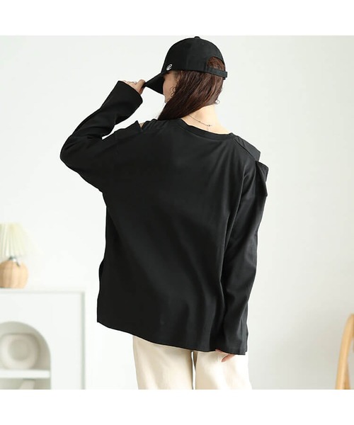 GOLDJAPAN（ゴールドジャパン）の「オープンショルダーコットンカットソー【大きいサイズ対応】（Tシャツ/カットソー・レディース・オフホワイト/ブラック・LL～3L/4L～5L）」の11枚目の写真
