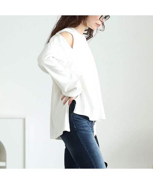 GOLDJAPAN（ゴールドジャパン）の「オープンショルダーコットンカットソー【大きいサイズ対応】（Tシャツ/カットソー・レディース・オフホワイト/ブラック・LL～3L/4L～5L）」の14枚目の写真