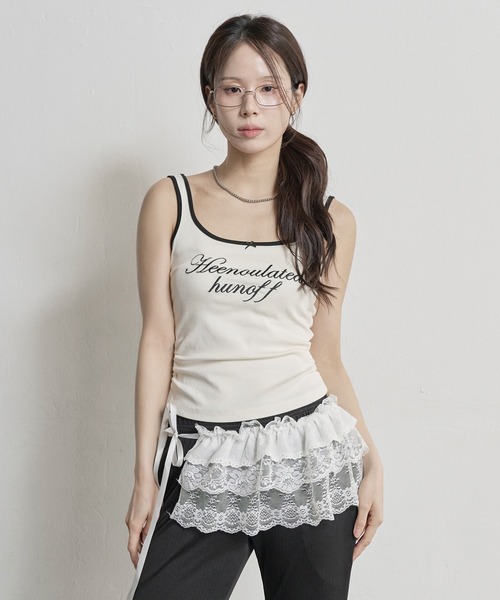 UNE MANSION(ユヌマンション)の「ラブリーリボンサイドシャーリングレタリング刺繍バイカラータンクトップ(キャミソール・レディース・グレー/ホワイト/ネイビー/ワイン・FREE)」の6枚目の写真