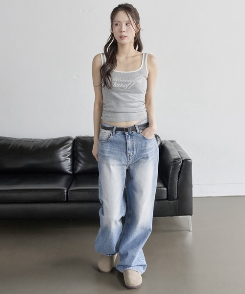 UNE MANSION(ユヌマンション)の「ラブリーリボンサイドシャーリングレタリング刺繍バイカラータンクトップ(キャミソール・レディース・グレー/ホワイト/ネイビー/ワイン・FREE)」の9枚目の写真