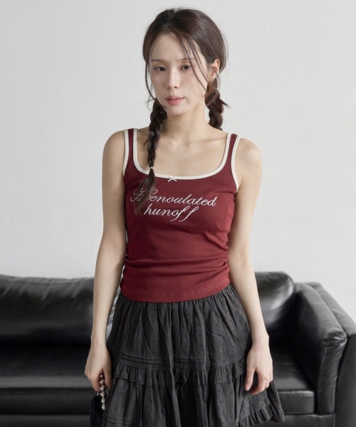 UNE MANSION(ユヌマンション)の「ラブリーリボンサイドシャーリングレタリング刺繍バイカラータンクトップ(キャミソール・レディース・グレー/ホワイト/ネイビー/ワイン・FREE)」の14枚目の写真