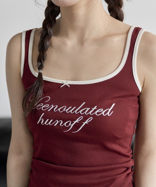 UNE MANSION(ユヌマンション)の「ラブリーリボンサイドシャーリングレタリング刺繍バイカラータンクトップ(キャミソール・レディース・グレー/ホワイト/ネイビー/ワイン・FREE)」の15枚目の写真